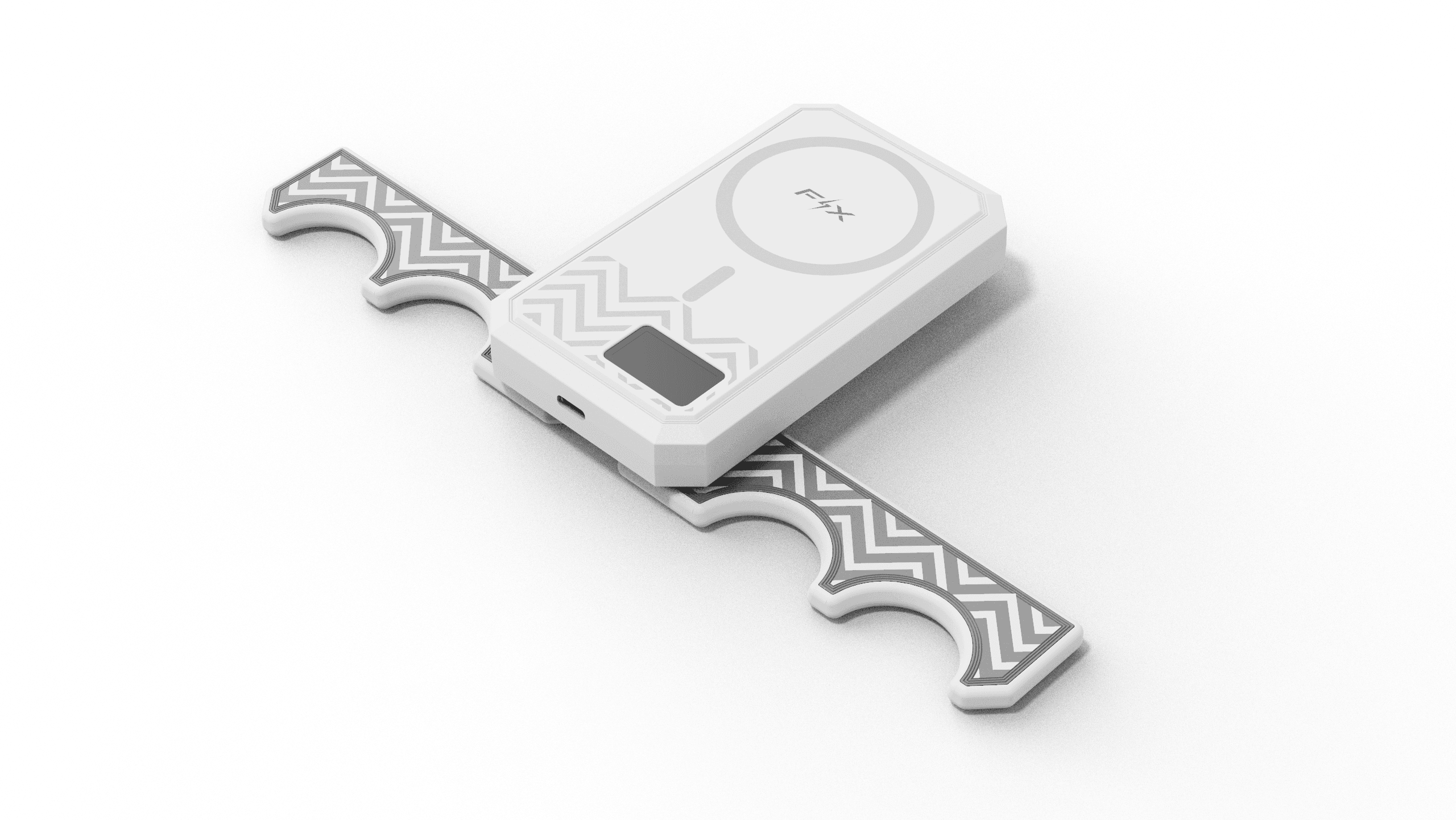展示充电环与 USB-C 接口的 FIX 球杆架正面渲染图